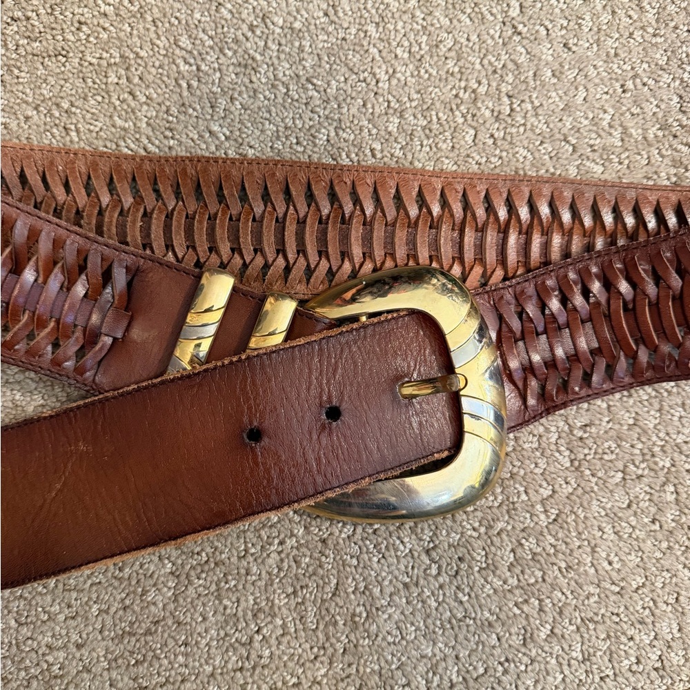 Vintage Brown Leather Woven Belt with Gold Buckle